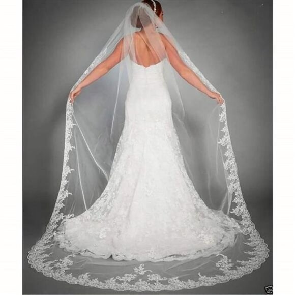 Gorgeous Wedding Lace Veil Floral Long Cathedral Veils with Comb 118" (Ivory) - Picture 1 of 7